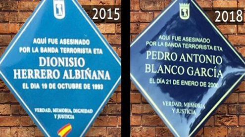 Placas de homenaje de las víctimas de ETA sin bandera de España