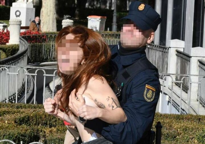 Un policía detiene a una mujer violenta de Femen en una manifestación