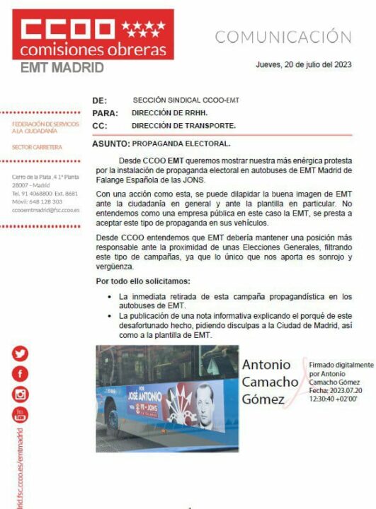 Comunicado de la CCOO Comisiones Obreras sobre autobuses falangistas