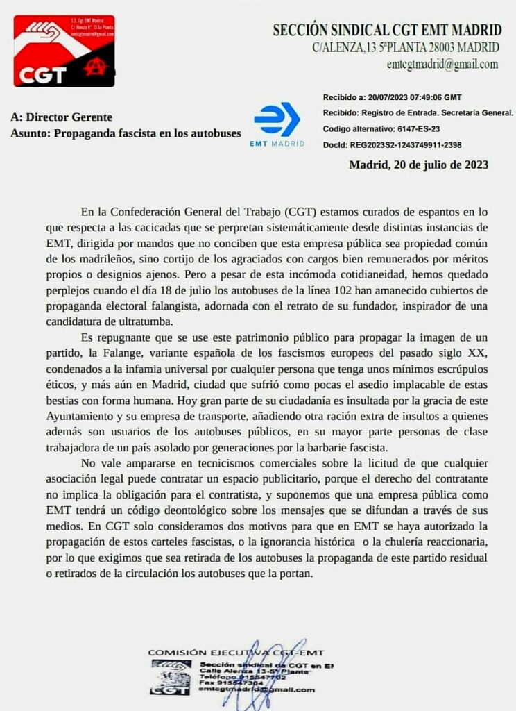 Comunicado de la CGT Confederación General del Trabajo sobre autobuses falangistas