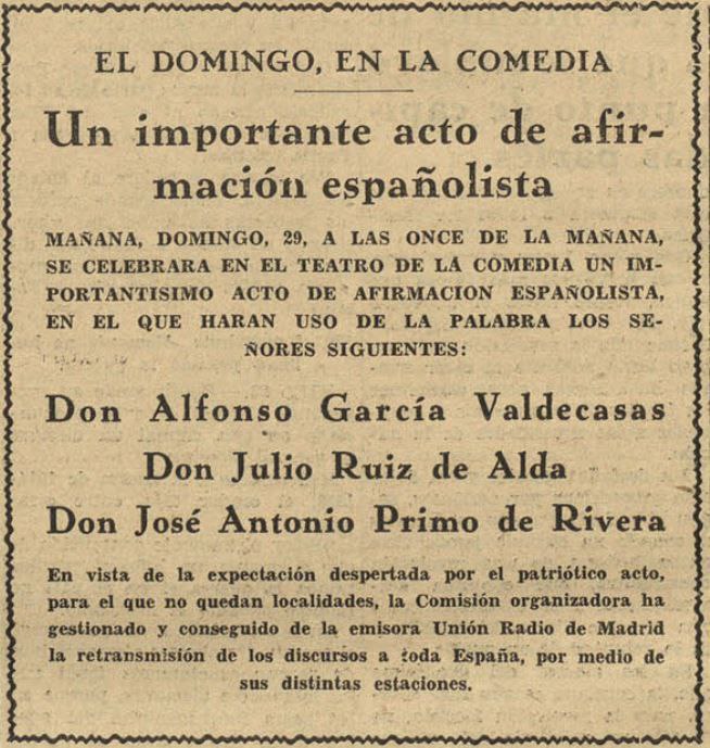 Cartel acto fundación Falange de Afirmación Española en el Teatro de la Comedia de Madrid