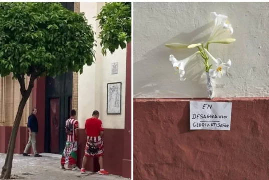 Sevillanos colocan flores en el Cahorro al orinar los hinchas del Athletic Club del Bilbao